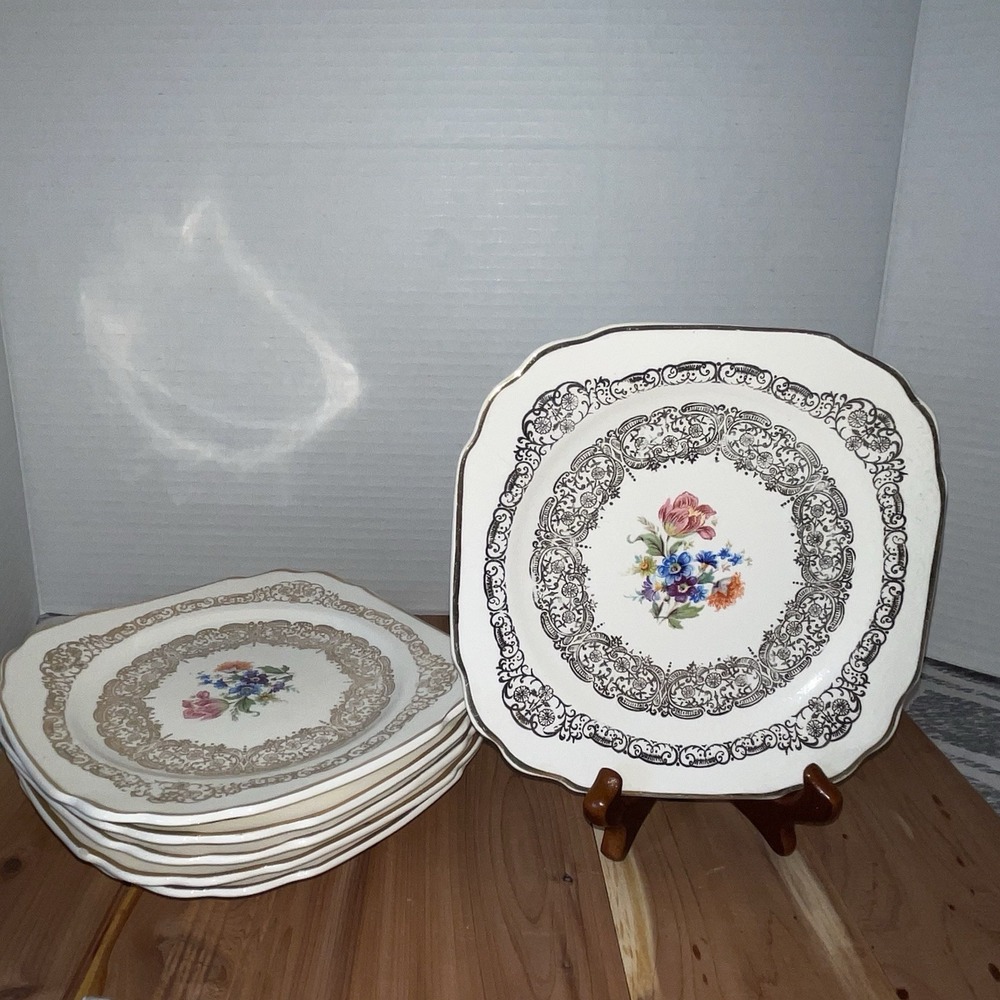 Queen Anne Union USA Warranted 22K Set Of 6 Square Plate 1930s Crazed